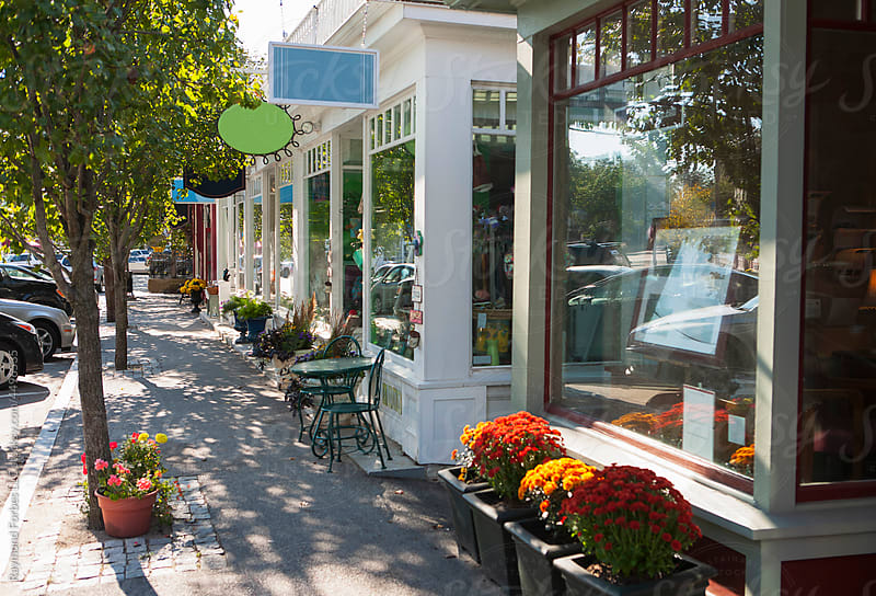 Awnings and shopfronts along a small-town American main street